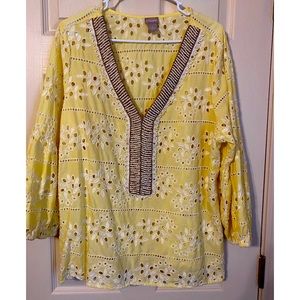 Chico’s pullover blouse in yellow. XL Beaded & Embroidered/elastic sleeves cuffs